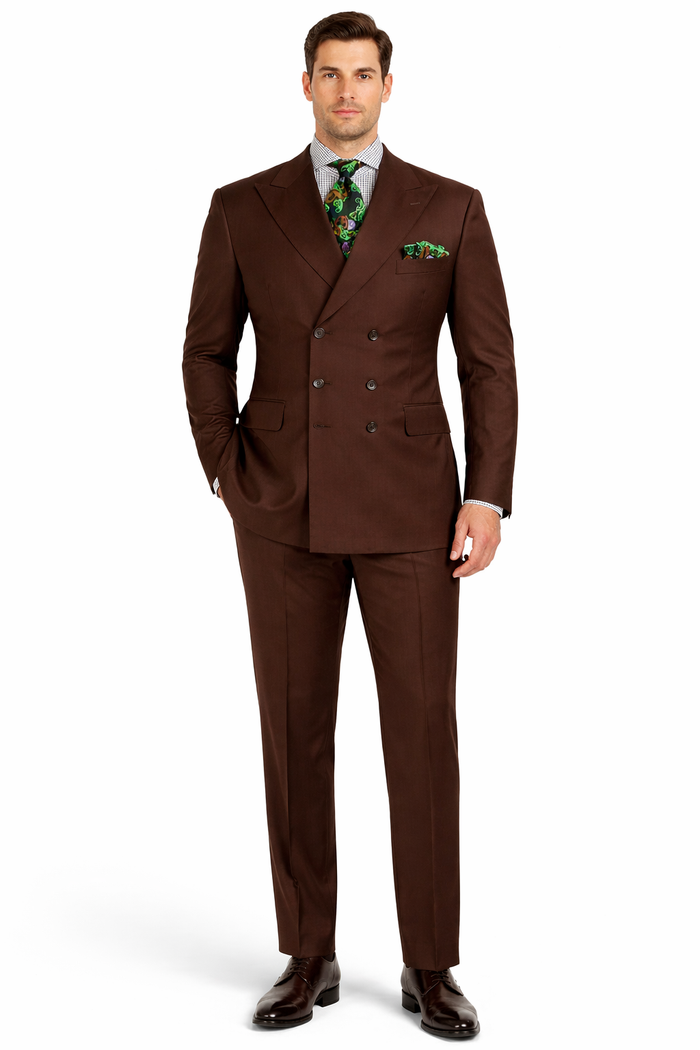 Men’s 6 on 3 Style Brown Double Breasted Suit with Wide Leg Pleated Pants, Classic Formal 2 Piece Dress Suit Set