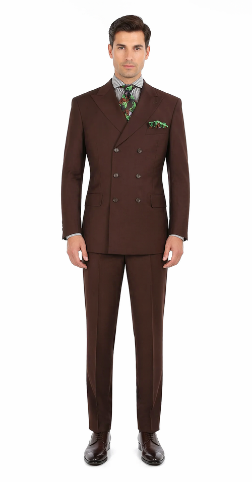 Men's 6 on 3 Style Brown Double Breasted Suit with Wide Leg Pleated Pants,  Classic Formal 2 Piece Dress Suit Set