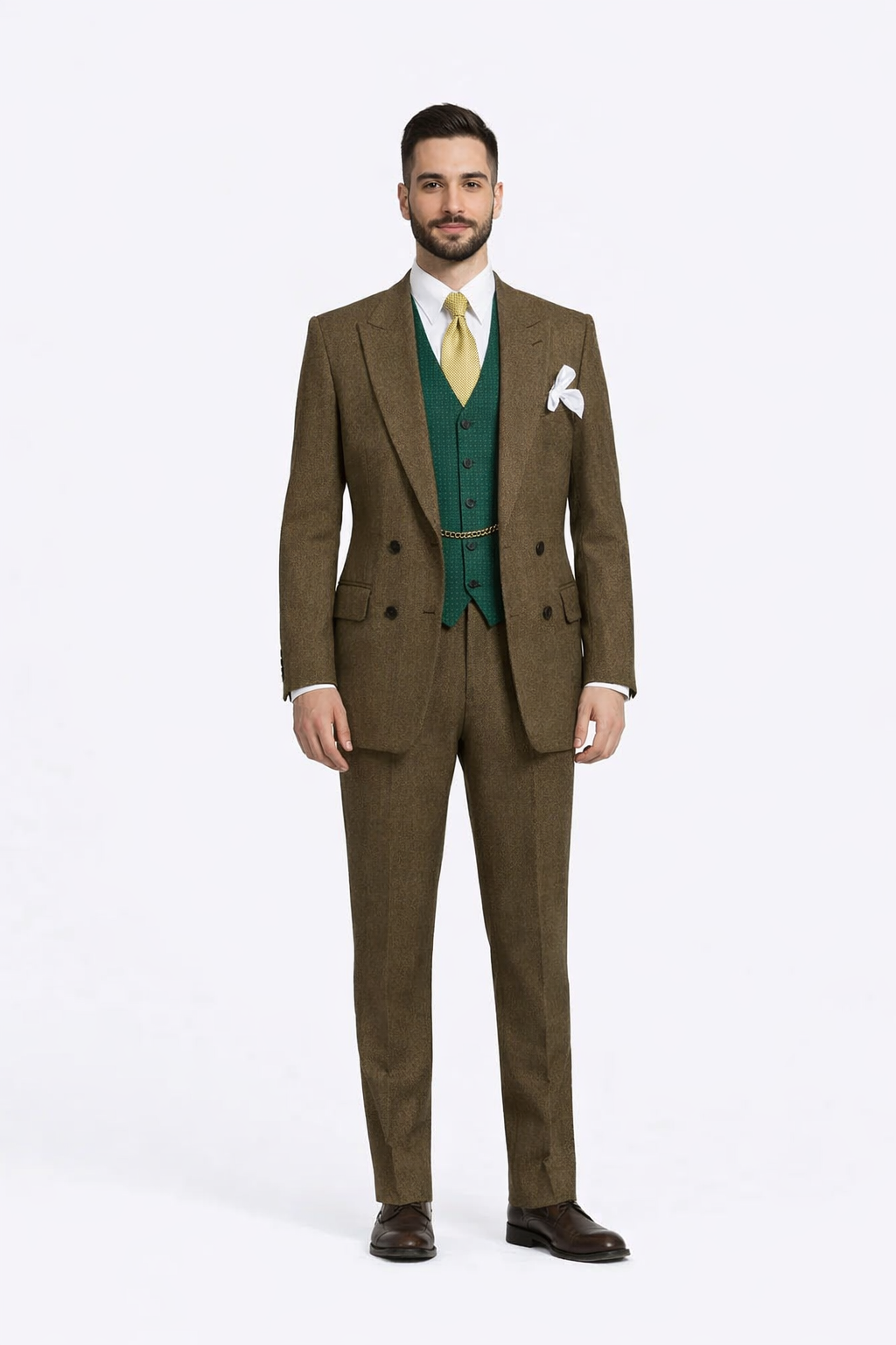 Brown double-breasted suit featuring a textured fabric, with a matching vest and trousers. The jacket has peaked lapels and two front pockets, complemented by a chain detail.