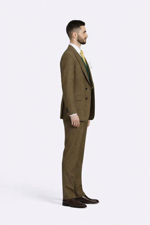 Brown double-breasted suit featuring a tailored fit, made from a textured fabric. It has a slim lapel and two front pockets. The trousers are straight-leg style.