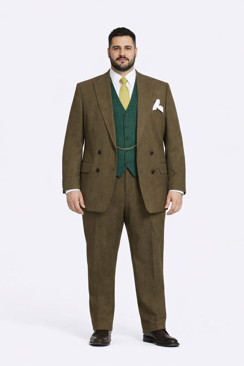 Brown double-breasted suit for men, featuring a textured fabric. The suit includes a matching vest and pants, with a green vest underneath. The suit has two front flap pockets and a white pocket square.