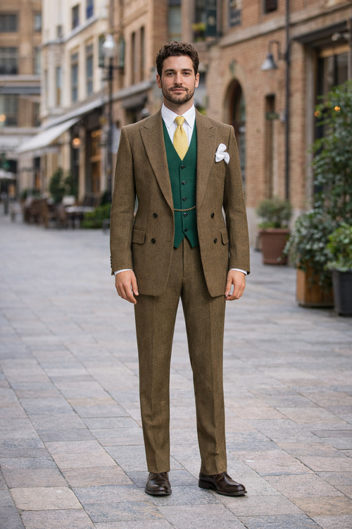 Men's brown double-breasted suit features a textured fabric, a fitted blazer with wide lapels, and matching trousers. It includes a green vest and white dress shirt underneath.