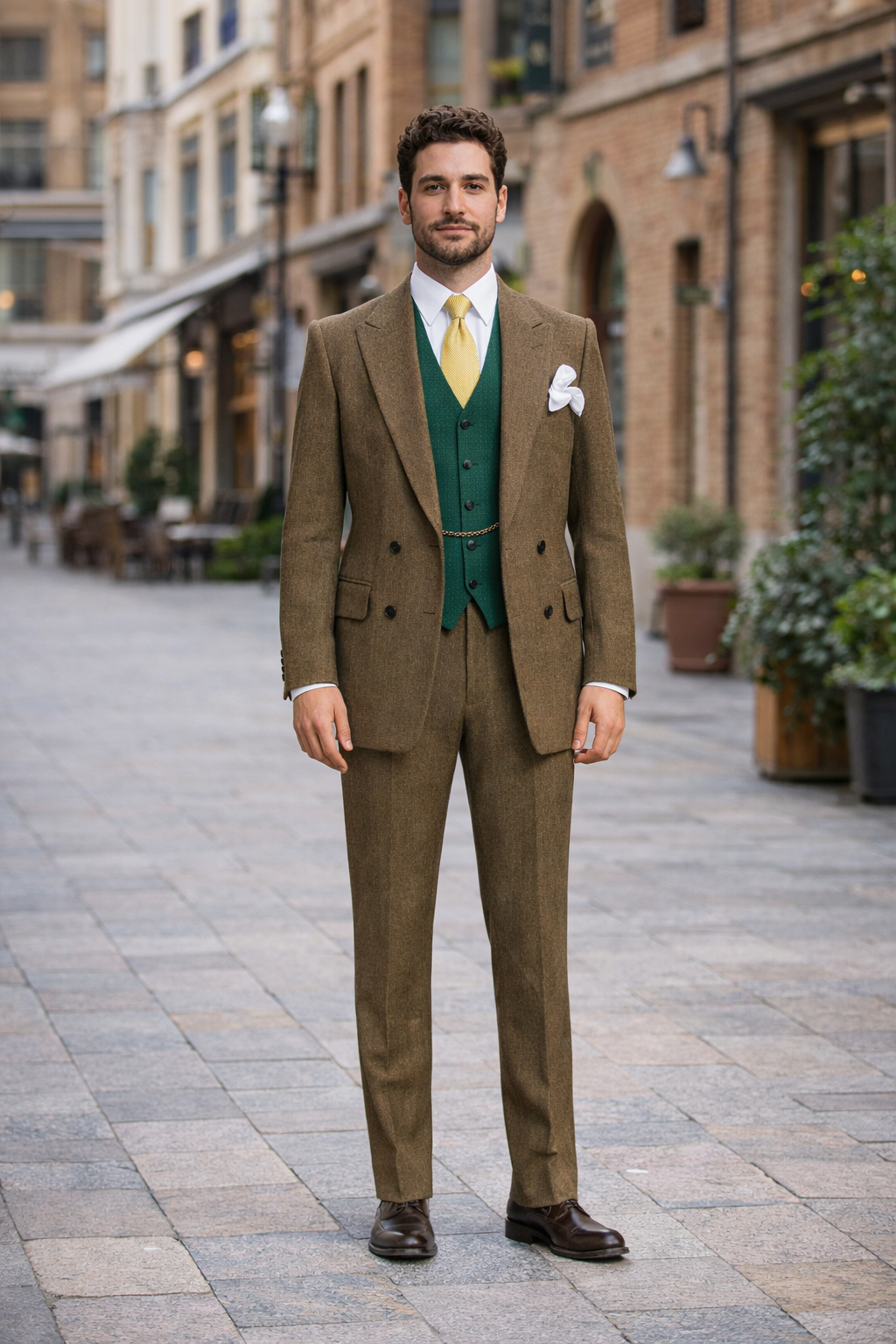 Men's brown double-breasted suit features a textured fabric, a fitted blazer with wide lapels, and matching trousers. It includes a green vest and white dress shirt underneath.