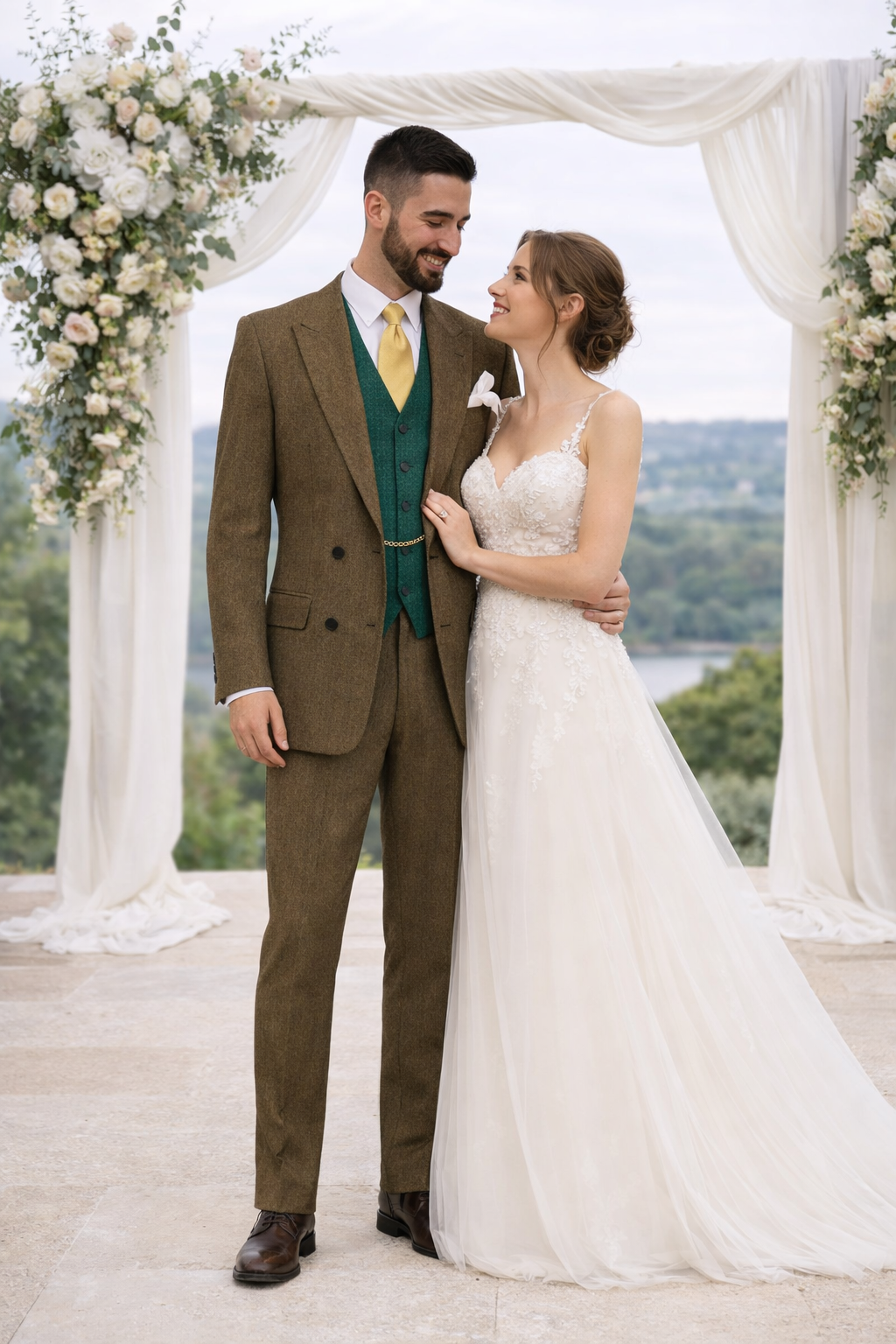 Brown double-breasted suit featuring a tailored fit, made from textured fabric, with black buttons and a notch lapel. The suit is complemented by a green vest beneath.