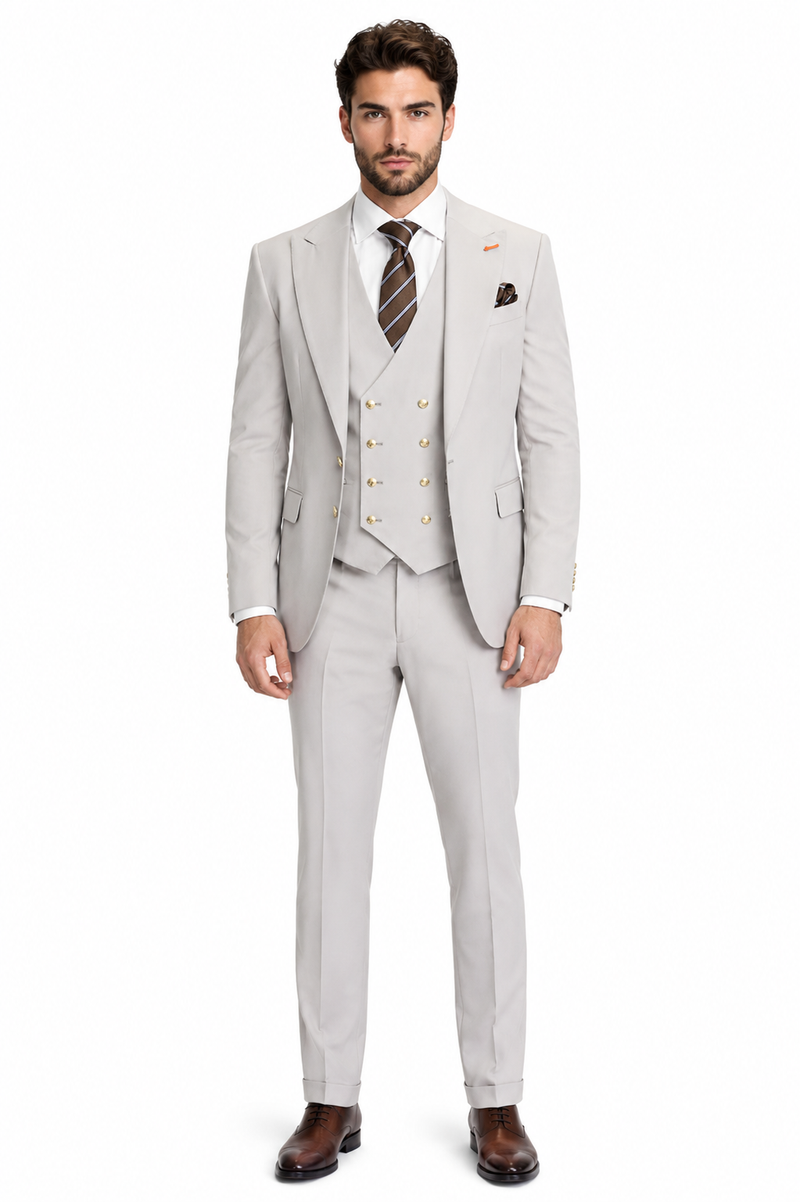 Men's Ash Statement Ticket Pocket Peak Lapel Wool Double Breasted Vest Suit with Gold Buttons – Modern Fit