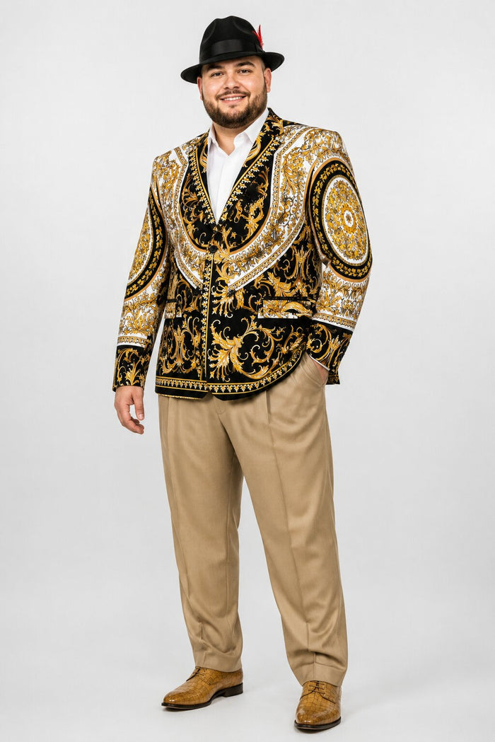 Mens Black and Gold Baroque Blazer with Matching Pants, Hat, and Shoes - Luxury Party and Wedding Outfit Set
