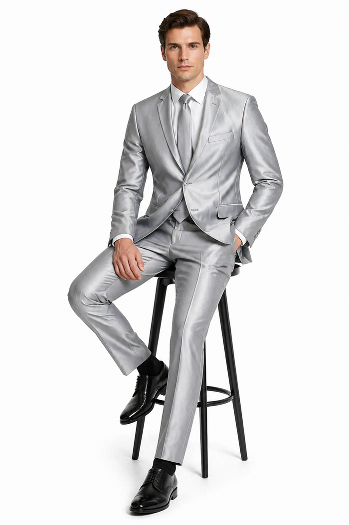 Mens Basic Two Button Slim Fit Shiny Silver Grey Sharkskin Suit