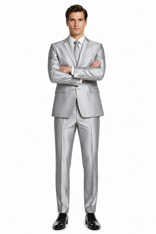 Mens Basic Two Button Slim Fit Shiny Silver Grey Sharkskin Suit