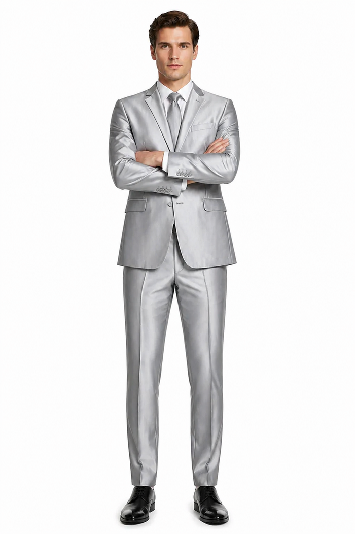Mens Basic Two Button Slim Fit Shiny Silver Grey Sharkskin Suit