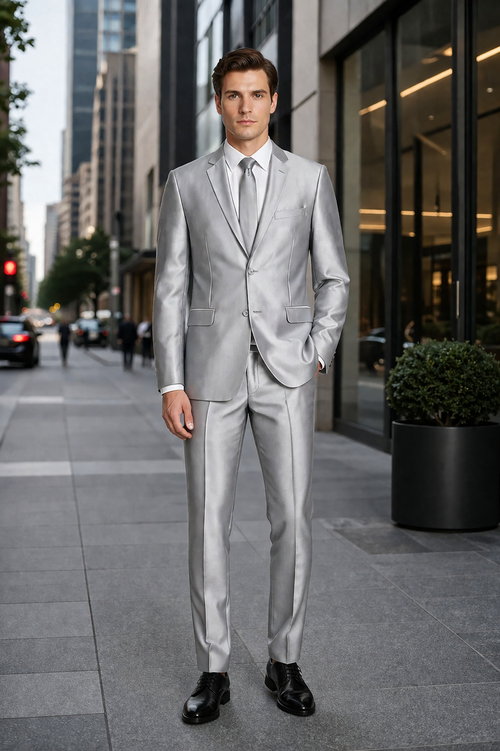 Mens Basic Two Button Slim Fit Shiny Silver Grey Sharkskin Suit