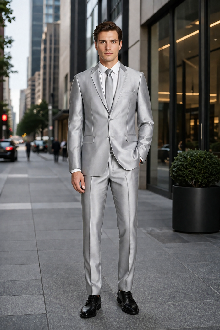 Mens Basic Two Button Slim Fit Shiny Silver Grey Sharkskin Suit