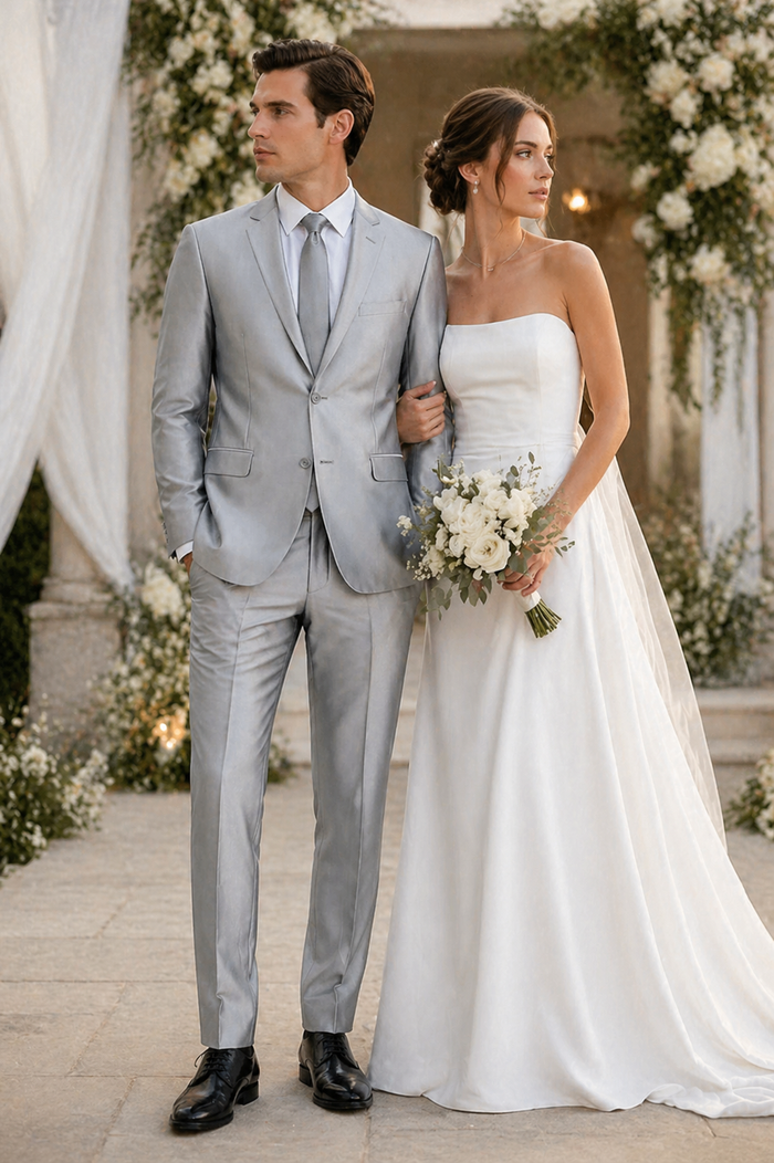 Mens Basic Two Button Slim Fit Shiny Silver Grey Sharkskin Suit
