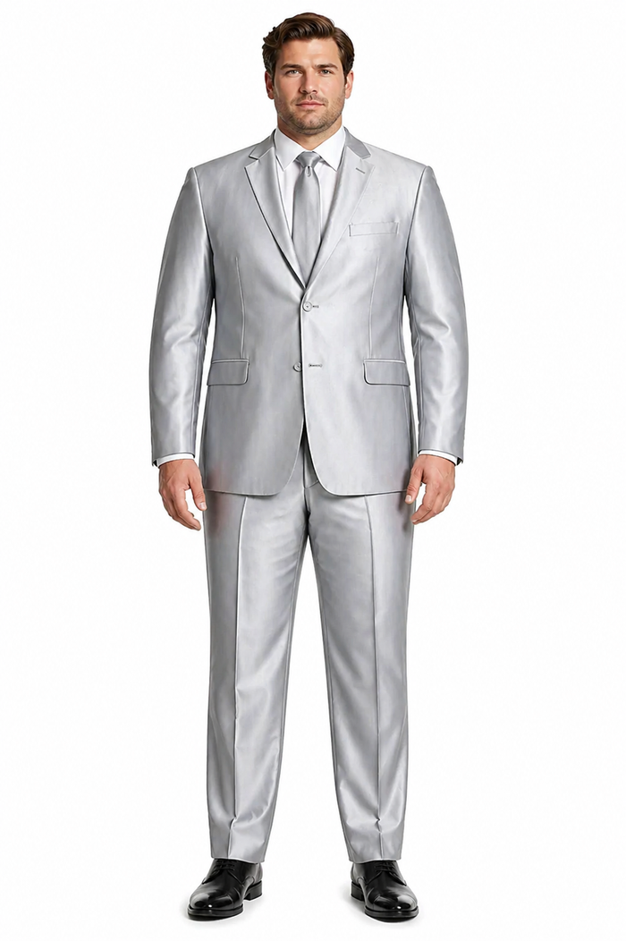 Mens Basic Two Button Slim Fit Shiny Silver Grey Sharkskin Suit