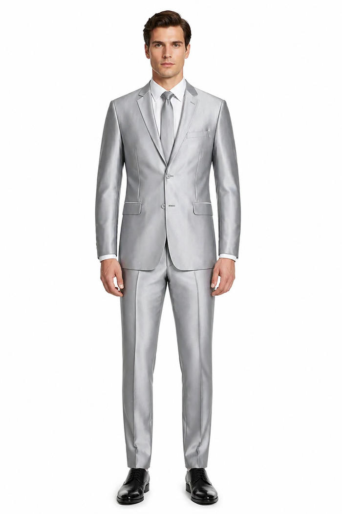Mens Basic Two Button Slim Fit Shiny Silver Grey Sharkskin Suit