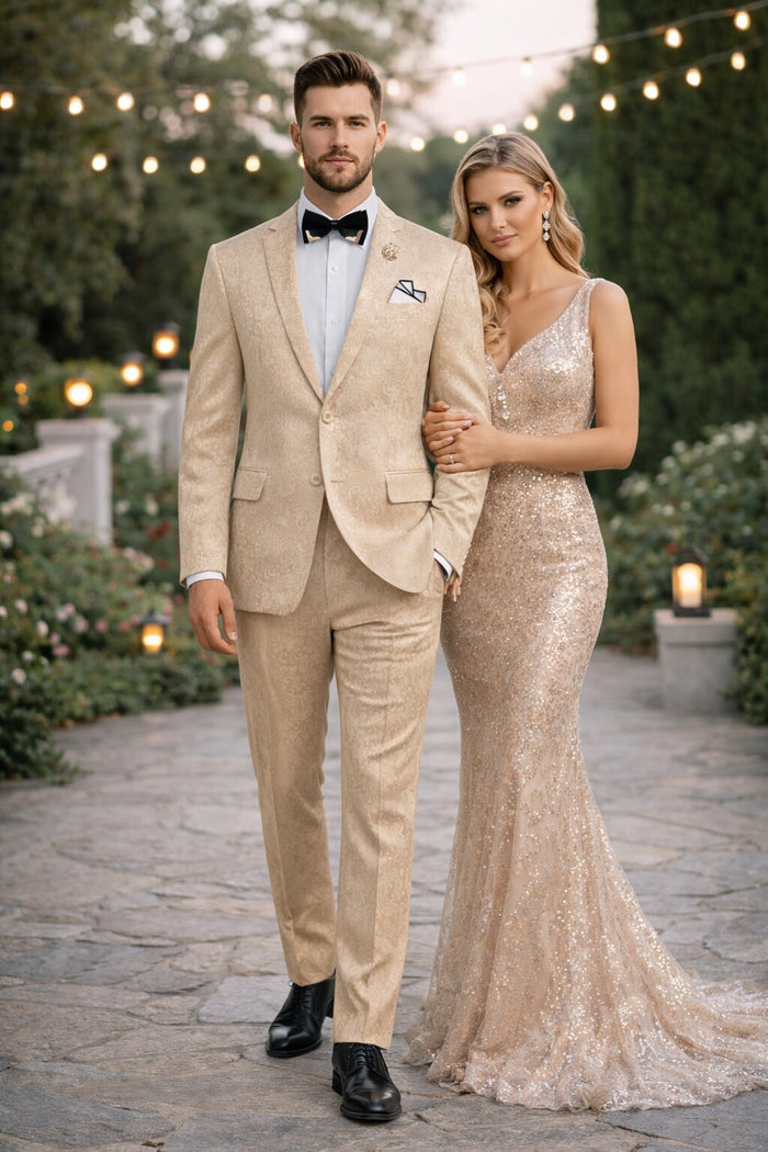 Beige Men's Slim Fit Paisley Wedding & Prom 2026 Suit - Shiny Finish
