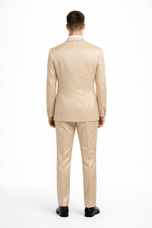 Men's Slim Fit Shiny Paisley Prom & Wedding Beige Suit