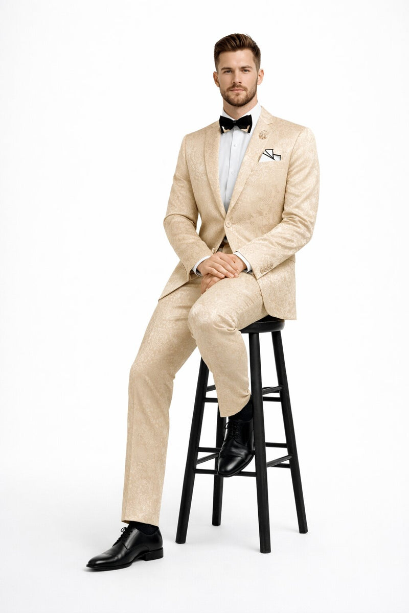Beige Men's Slim Fit Paisley Wedding & Prom 2026 Suit - Shiny Finish