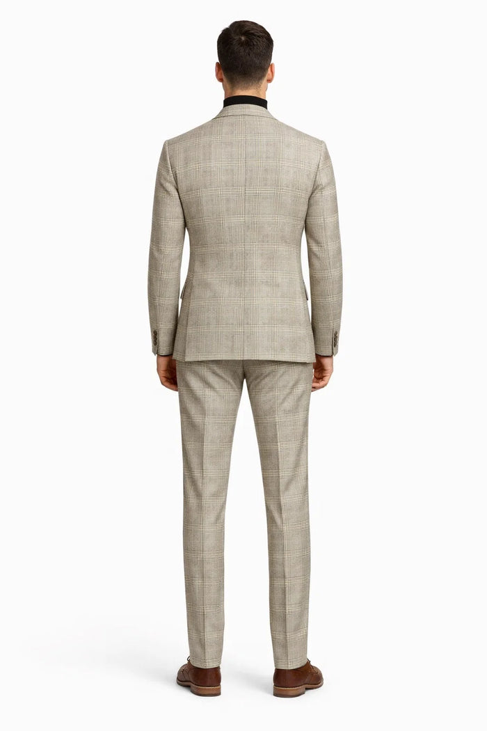 Mens Beige Plaid 3-Piece Suit â€“ Classic Checkered Suit for Weddings, Church Vested Checkered Pattern