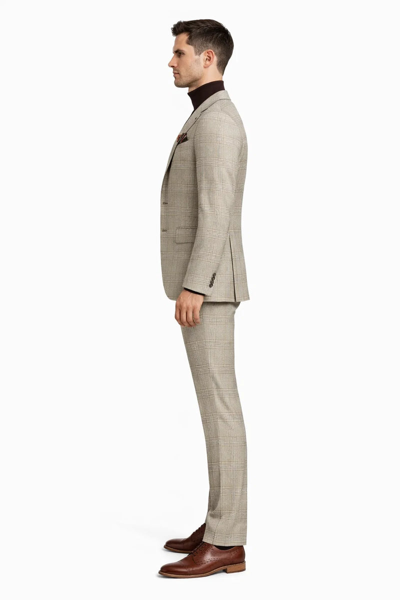 Mens Beige Plaid 3-Piece Suit â€“ Classic Checkered Suit for Weddings, Church Vested Checkered Pattern