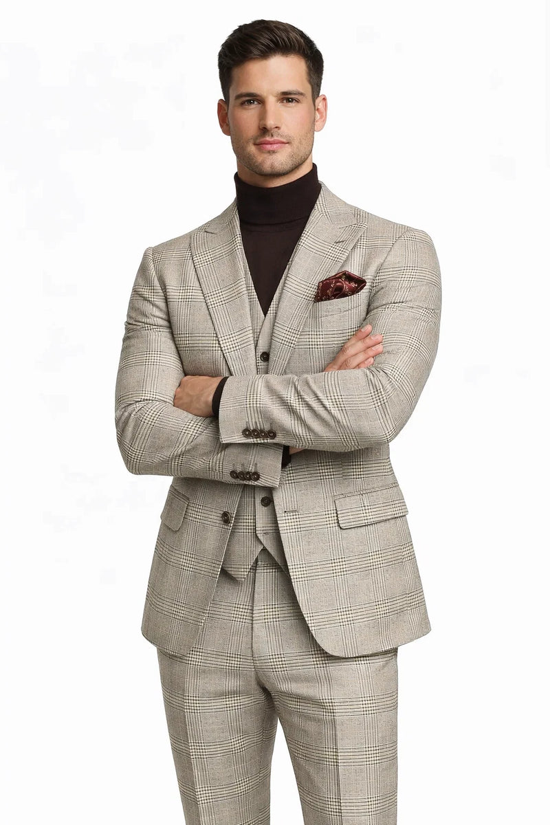Mens Beige Plaid 3-Piece Suit â€“ Classic Checkered Suit for Weddings, Church Vested Checkered Pattern
