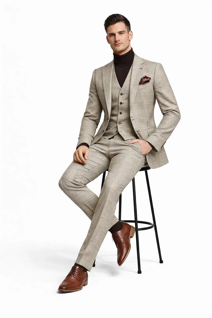 Mens Beige Plaid 3-Piece Suit â€“ Classic Checkered Suit for Weddings, Church Vested Checkered Pattern