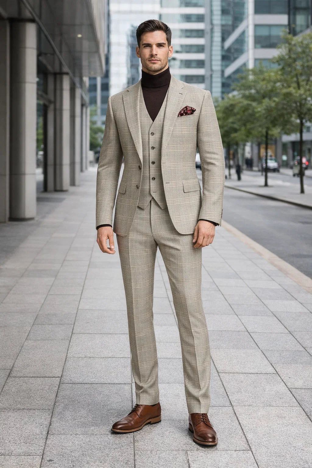 Mens Beige Plaid 3-Piece Suit â€“ Classic Checkered Suit for Weddings, Church Vested Checkered Pattern