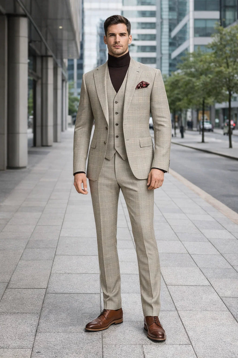 Mens Beige Plaid 3-Piece Suit â€“ Classic Checkered Suit for Weddings, Church Vested Checkered Pattern