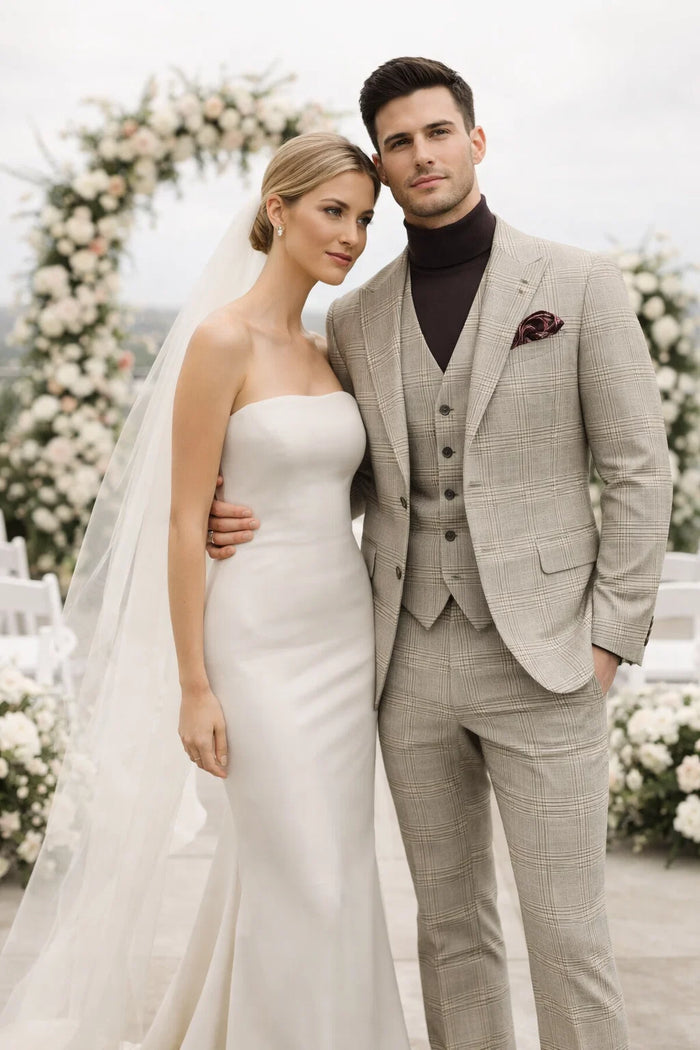 Mens Beige Plaid 3-Piece Suit â€“ Classic Checkered Suit for Weddings, Church Vested Checkered Pattern