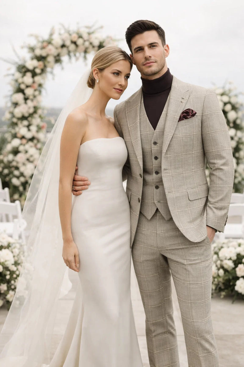 Mens Beige Plaid 3-Piece Suit â€“ Classic Checkered Suit for Weddings, Church Vested Checkered Pattern