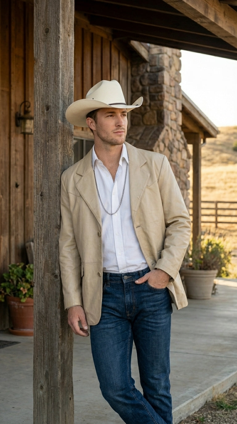 Mens Beige Sand Bone Real Leather Cowboy Western Blazer – Classic Western Style Leather Jacket Casual Formal Ranch Coat for Men