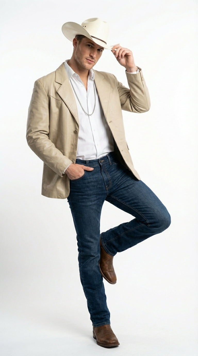 Mens Beige Sand Bone Real Leather Cowboy Western Blazer – Classic Western Style Leather Jacket Casual Formal Ranch Coat for Men