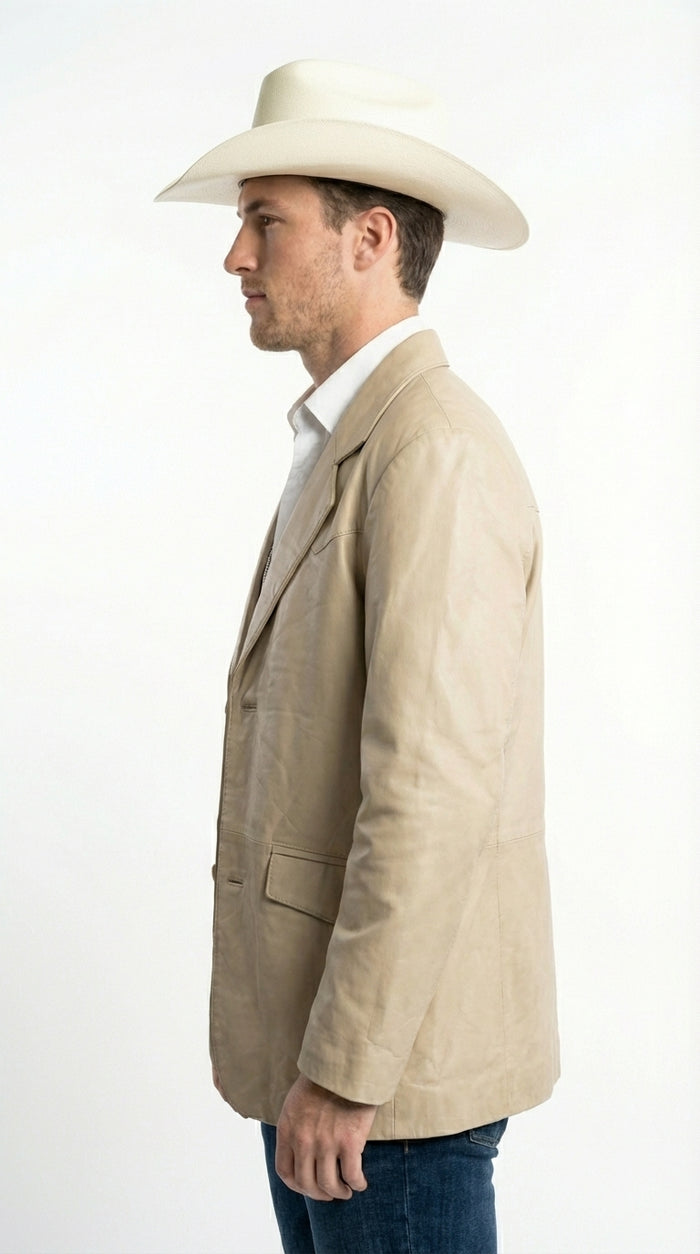 Mens Beige Sand Bone Real Leather Cowboy Western Blazer – Classic Western Style Leather Jacket Casual Formal Ranch Coat for Men