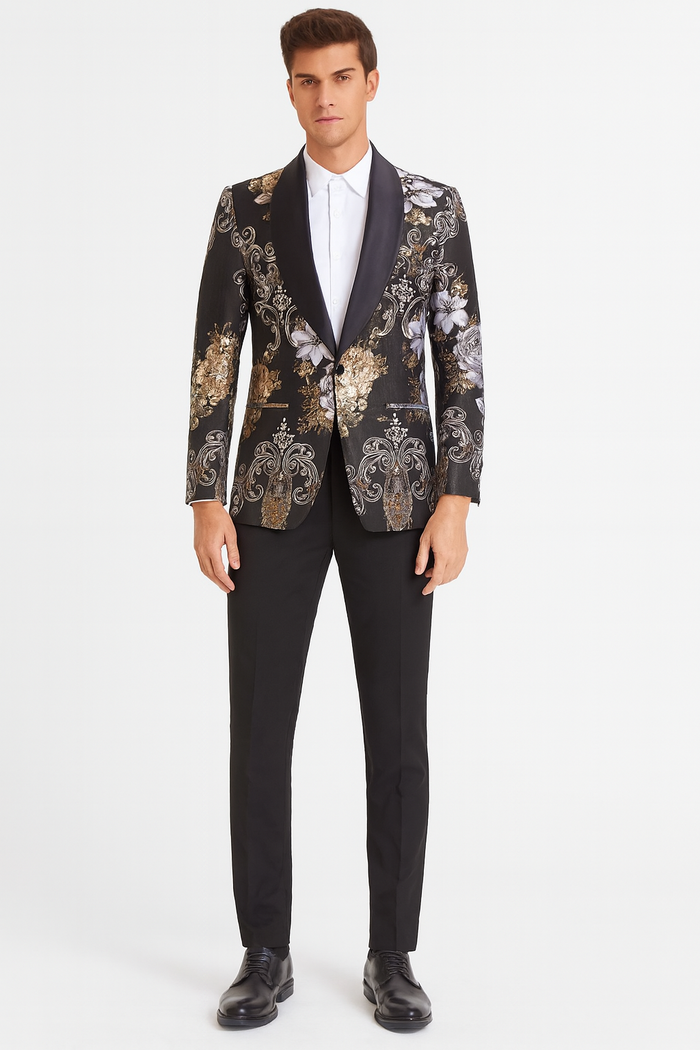 Black floral jacquard blazer with satin lapel, gold/silver floral patterns, black pants, and a bowtie. Stylish men's formal wear.
