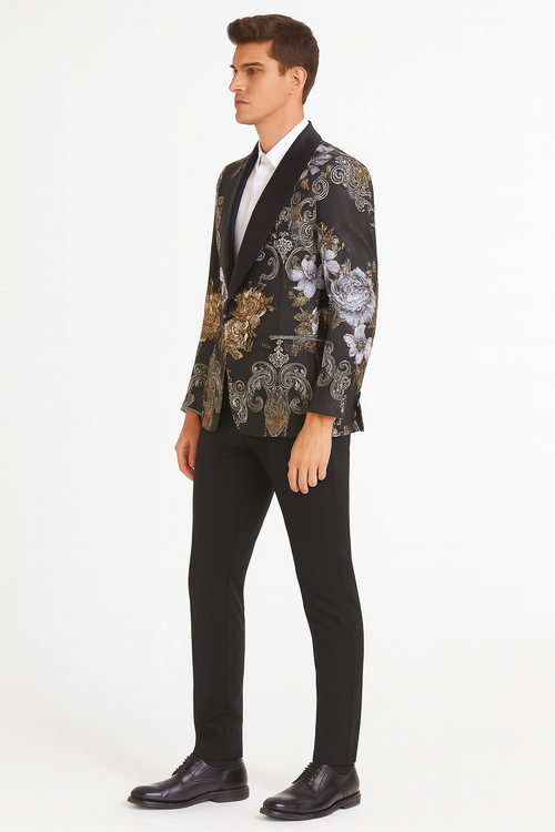 Men's black blazer with gold floral jacquard design and satin lapel. Paired with black pants. Features intricate gold & silver floral patterns.
