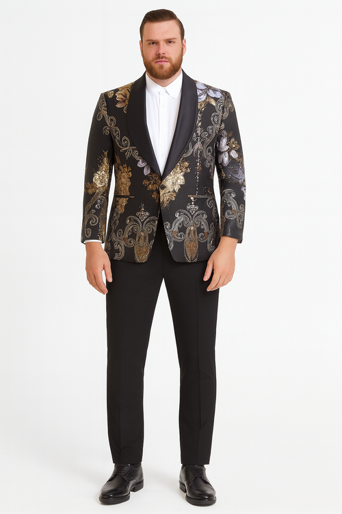 Black and gold floral jacquard blazer with satin shawl lapels. Paired with fitted black pants and a bowtie. Intricate floral pattern.
