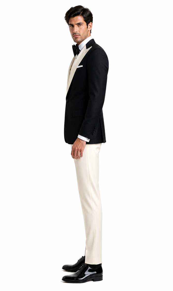 Mens Black and Ivory Tuxedo with Wide Shawl Lapel â€“ 3 Piece Black and off White Lapel ! Vested Suit
