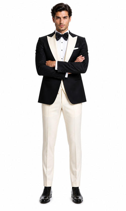 Mens Black and Ivory Tuxedo with Wide Shawl Lapel â€“ 3 Piece Black and off White Lapel ! Vested Suit
