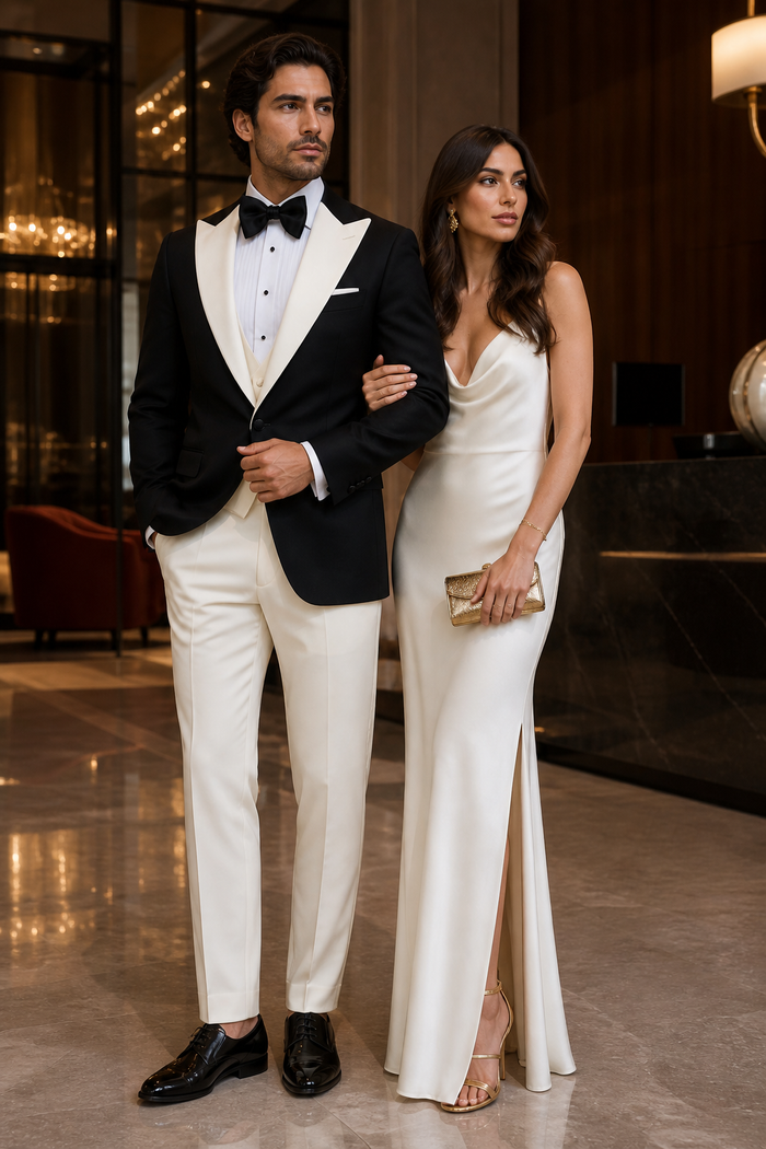 Mens Black and Ivory Tuxedo with Wide Shawl Lapel â€“ 3 Piece Black and off White Lapel ! Vested Suit