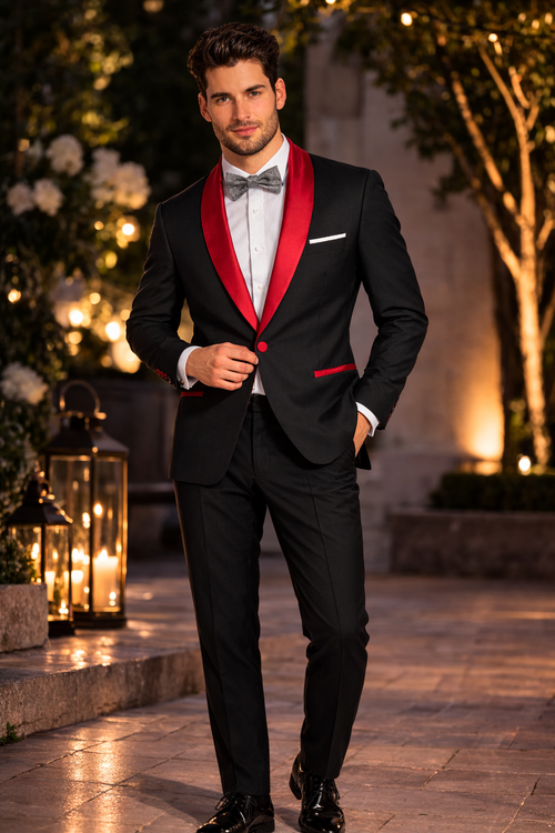 Holiday Suit - Christmas Suit - Christmas Blazer Men's Black And Red Two Toned Tuxedo Suit - Red Tuxedo