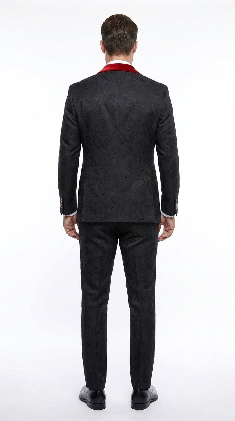 Men’s Black Paisley Tuxedo with Red Velvet Shawl Lapel – 3 Piece Wedding Prom Suit