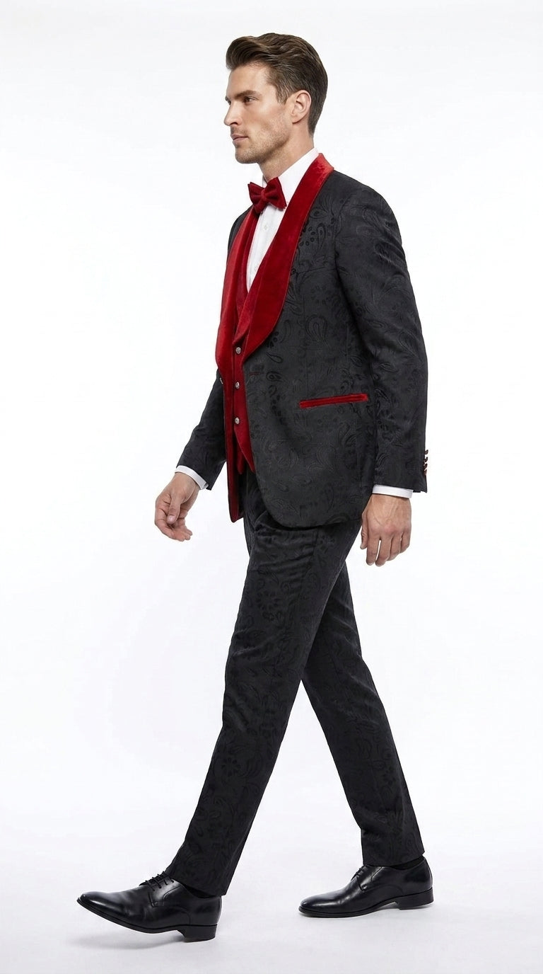 Men’s Black Paisley Tuxedo with Red Velvet Shawl Lapel – 3 Piece Wedding Prom Suit