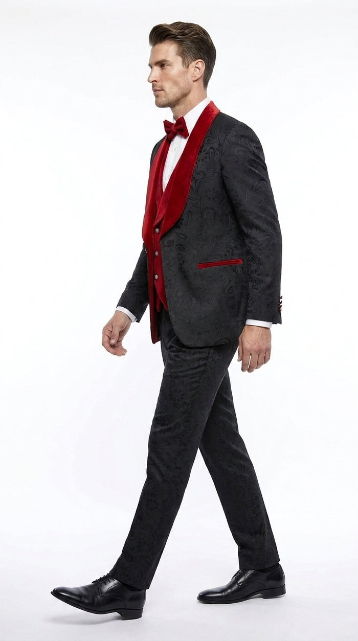 Men’s Black Paisley Tuxedo with Red Velvet Shawl Lapel – 3 Piece Wedding Prom Suit