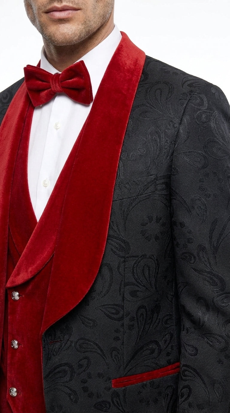 Men’s Black Paisley Tuxedo with Red Velvet Shawl Lapel – 3 Piece Wedding Prom Suit