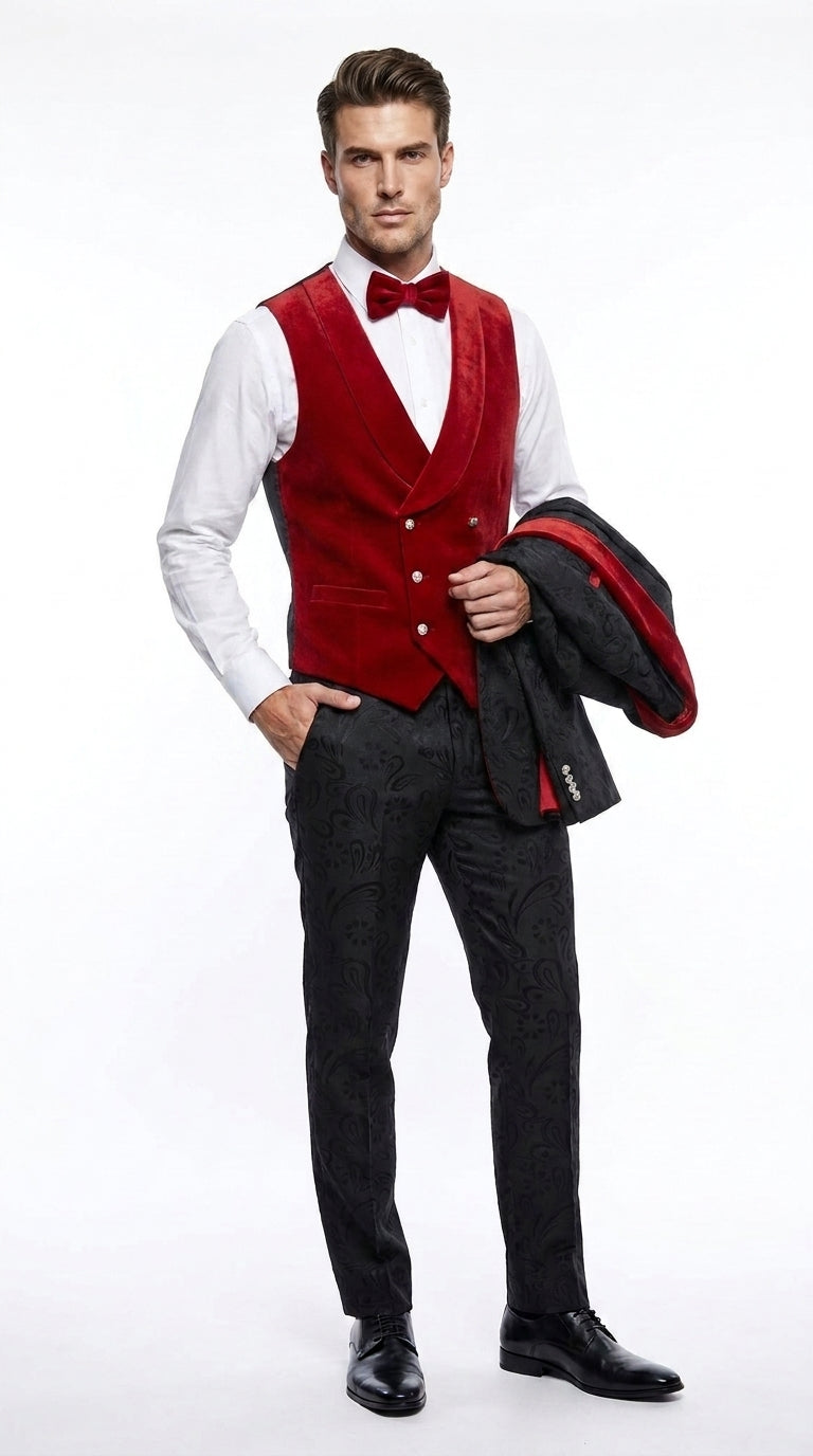 Men’s Black Paisley Tuxedo with Red Velvet Shawl Lapel – 3 Piece Wedding Prom Suit