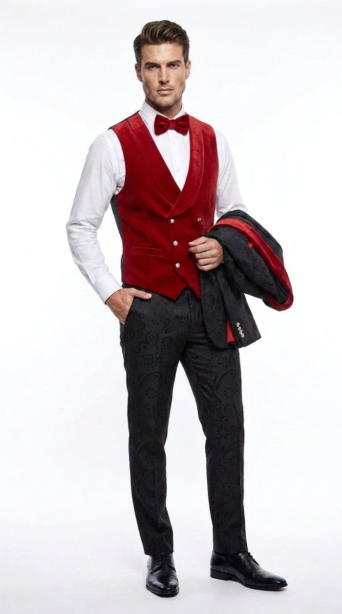 Men’s Black Paisley Tuxedo with Red Velvet Shawl Lapel – 3 Piece Wedding Prom Suit