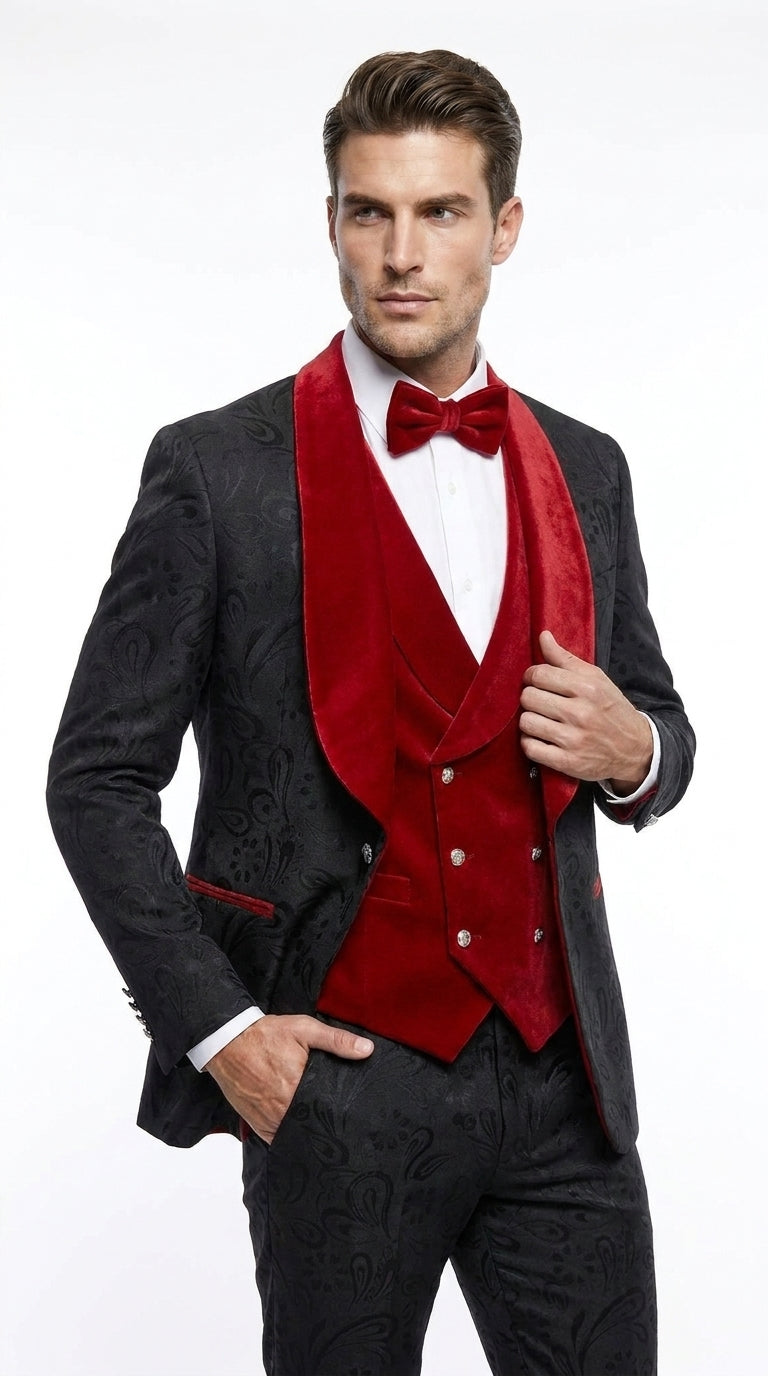 Men’s Black Paisley Tuxedo with Red Velvet Shawl Lapel – 3 Piece Wedding Prom Suit