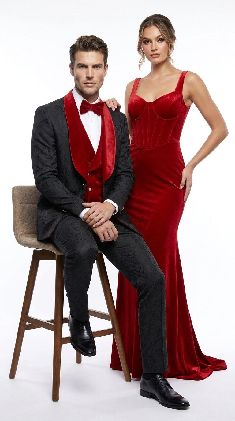Men’s Black Paisley Tuxedo with Red Velvet Shawl Lapel – 3 Piece Wedding Prom Suit