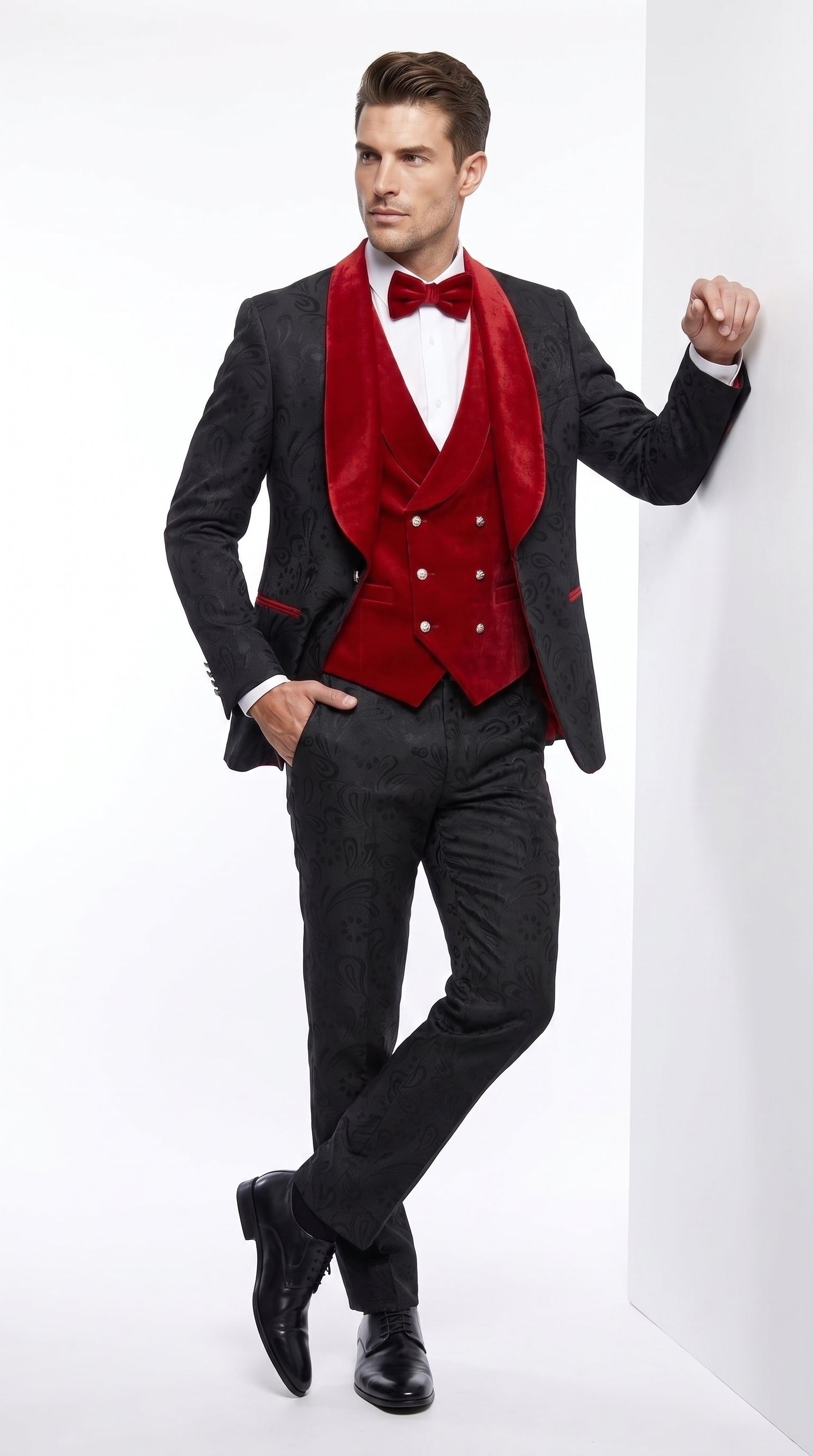 Men’s Black Paisley Tuxedo with Red Velvet Shawl Lapel – 3 Piece Wedding Prom Suit