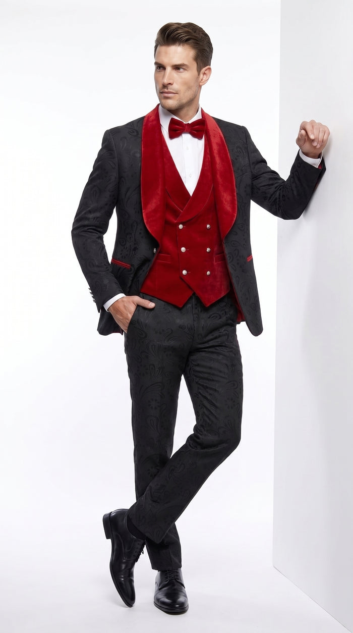 Men’s Black Paisley Tuxedo with Red Velvet Shawl Lapel – 3 Piece Wedding Prom Suit