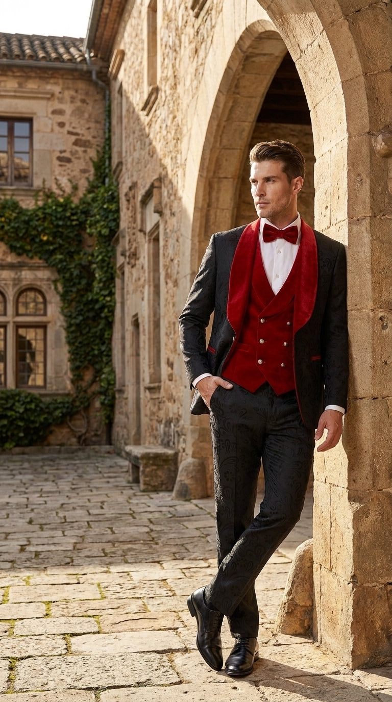 Men’s Black Paisley Tuxedo with Red Velvet Shawl Lapel – 3 Piece Wedding Prom Suit